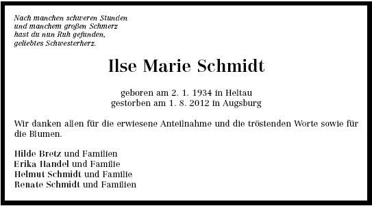 Schmidt Ilse Maria 1934-2012 Todesanzeige